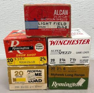 (114) Total 20 Gauge Shotgun Shells - Federal, Remington, Winchester, Alcan,