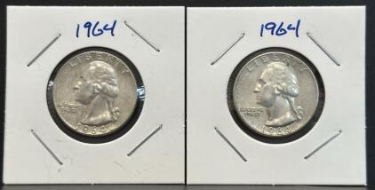 1964 Washington Quarter, Denver Mint, 90% Silver, Pair of Coins