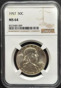 1957 Franklin Half Dollar, MS 64, NGC Graded, Serial: 8323485-009