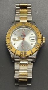 Army Analog Wristwatch, Two-Tone, Silver Dial, Date Display, Rotating Bezel