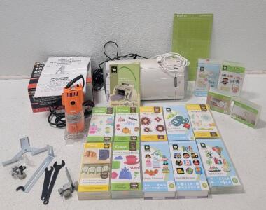 (1)Cricut CRV001 Personal Electronic Cutter Machine, Manual, Cords and Box (14) Cricut Cartridges (1) Chicago Electric 1/4" Trimmer Router, appears unused, *tested*