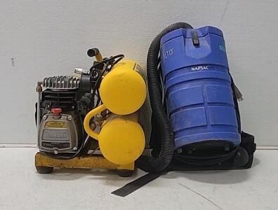 (1)Dewalt Air Compressor (1) Alto Napsac Backpack Vacuum.