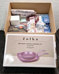 (1) ZOLKA - 2-Piece Granite Coated - Non-Stick Pan Set & (1) Box Of Assorted Amazon Overstock
