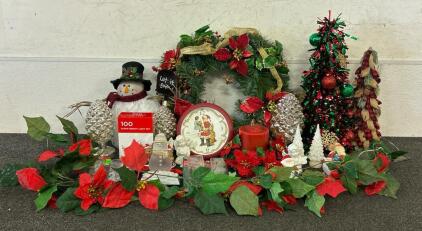 (1) Christmas Wreath, Mini Trees, String Lights, And More