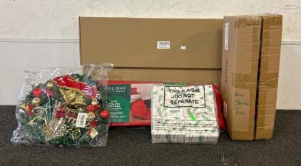 (1) 9-FT Rolling Tree Bag, (1) Wreath, (2) Empty XMAS Boxes In Red, And More