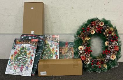 (1) Wreath, (2) Chocolate Advent Calendars, (1) Mini Pink Tree, And More