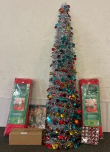 (2) Rolling Tree Bags, Christmas Tinsel, And More