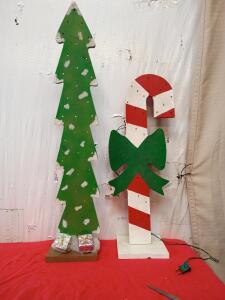 Light Up Wooden Tree Decoration 3ft Tall (lights not included, just insert lights in holes) Light Up Wooden Candy Cane 32in Tall (lights don't work would need to insert new lights )