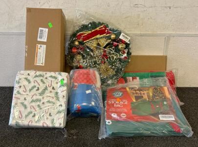 (1) 3FT Pink Christmas Tree, (1) 7.5FT Rolling Tree Bag, (1) Wreath, And More