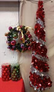 5ft Pop Up Tinsel Tree w/stand New in Box, Christmas Wreath 24"x24" 2 Packages of Christmas Tree Ornaments New in Box