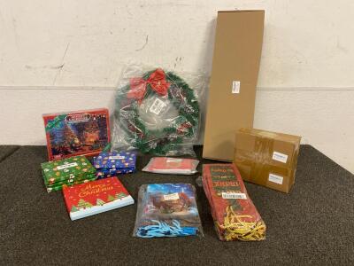 Prelit Christmas Wreath, Jigsaw Puzzle Advent Calendar, And (7) Packs Of Happypop Socks, 50pc Christmas Glitter Branches Rose Gold, Xmas Empty Gift Box, 19&rdquo; Stocking, Gift Bags, And More