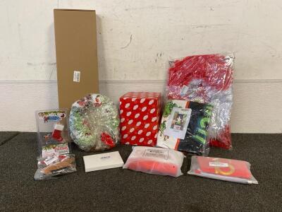 &ldquo;JOY&rdquo; Yard Sign, Empty Xmas Gift Box, 8.5&rdquo; Injection LED &Musical Santa Dome, Throw Grinch Blanket, Christmas Wreath, (2) Stockings, Dog Ornaments, Mini Cheismas Erasers, And More