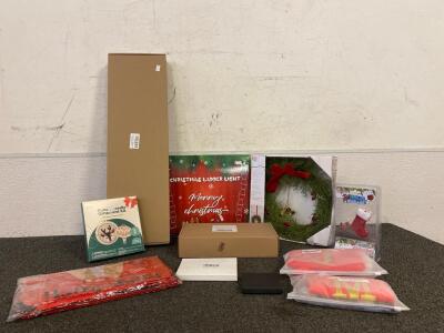 Empty Xmas Gift Box, Christmas Ladder Light, Christmas Wreath, (2) Stockings, Mini Christmas Erasers, And More