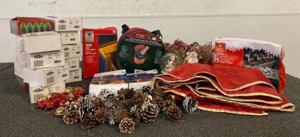 Light Storage Reels With Bag, Mini Icicle Lights, Replacement Bulbs, Tree Skirt, Pinecone And Bell Ornaments, Tinsel,