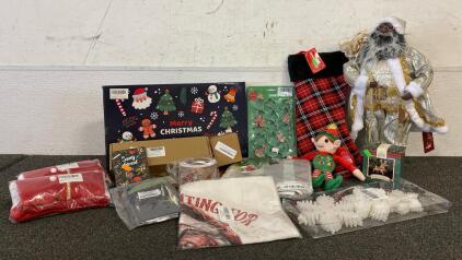 ALL NEW!!! (2) 20&rdquo; Letter J Stockings, Winter Tablecloths, 6Pc Christmas Glitter Poinsettias, Christmas Cookie Cutters, Elf On Thr Shelf, Hallmark Keepsake Ornament, Snowflake Ornaments, And More