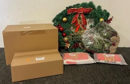 (2) Christmas Wreaths, 45 Pcs Christmas Ornaments, Decor & Stockings