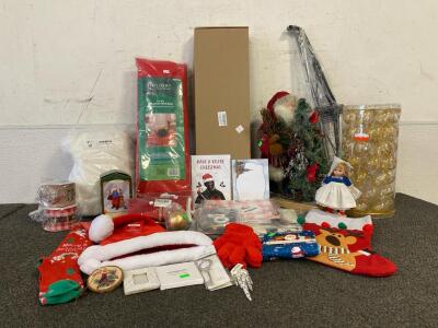 ALL NEW!!! Empty Xmas Gift Box, Rolling Tree Bag, Fake Snow, Light Up Santa Statue, Tree Stand, Clear And Hol Ornaments, Ribbon, Stockings, Socks, Gloves And More