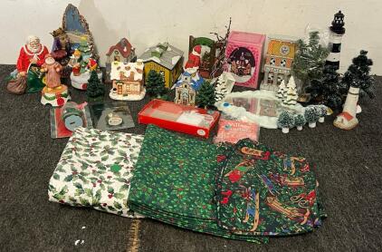 Christmas Decor &mdash; Christmas Village Buildings, Trees, Etc, Glass Decor & Tablecloth / Placemats