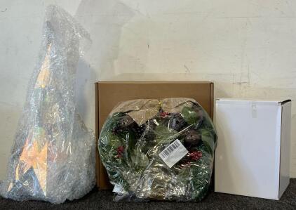 60&rdquo; Embroidered Gold & White Treeskirt, Light Up Mini Christmas Tree, 34Ct Ornaments & Christmas Wreath