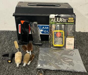 (2) Gun Magazines (9 & 10 Round), Deer Scent, Gun Cleaning Goods & Ammo Box