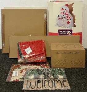 17&rdquo; Indoor Christmas Wreath, Snowman Cat Playhouse, 30&rdquo; Tree Mat, Mini Light Up Christmas Trees & XMAS Gift Box