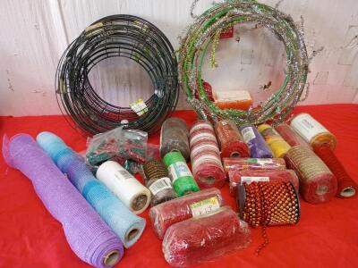 Lot of Metal Wreath Rings And Various Colors of Rolls of Holiday Ribbon And More
