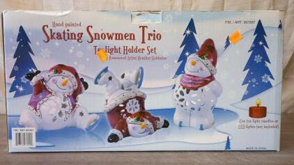 Hand Painted Snowmen Trio Tea light Holder Set New in Box