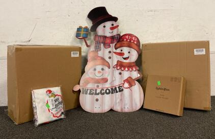 (2) Boxes Of Garland, Snowman Welcome Yard Sign, Holly Candle Wreath, And Tree Skirt