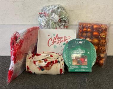 (1) 4CT Light-Storage Reels With Bag, Ornaments, (1) Tree Collar, And More
