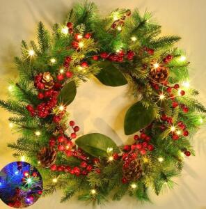 20 Inch Pre-Lit Christmas Wreath, Lighted Christmas Wreaths for Front Door Timer 8 Modes 30 Warm White