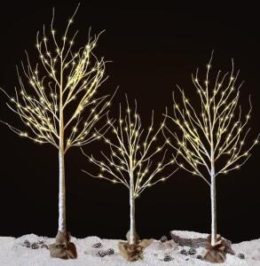 Outdoor Christmas Decoration Lighted Birch Tree, 3 Packs LED Prelit Light up Tree with Burlap Decor, Warm White, Power Supply by Adaptor 2ft,3ft,4ft