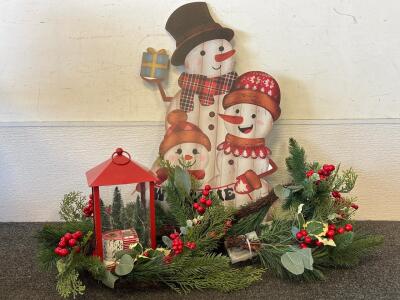 Lawn Metal Snowman Stand, Green Garland With Twinkle Lights And Red Christmas Lantern With Twinkle Lights