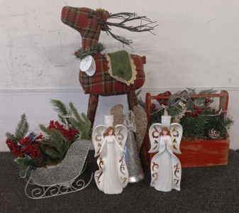 Stuffed Deer W/ Removable Legs (2) Electric Angel Candles, Glittery Sleigh Decoration