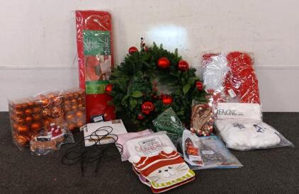 9-Ft Rolling Tree Bag, Christmas Wreath, Bronze Colored Ornaments, "JOY Yard Sign" Flannel Throw Blanket, (2) Stockings, Cat Plate, And More