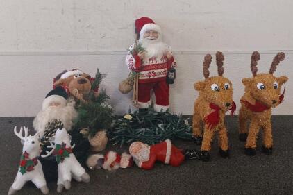 Santa Figurine, Battery Activated Deer Plushie, (2) Deer Decorations, Ceramic Santa Figurine, (3) Santa Pins