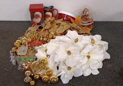 Golden Ornaments, White Flower Golden Center Flower Decorations, Santa Thermos With Box, SnowGlobe, Gold Leaf Decorations, Cookie Tin And More