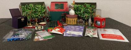 Faux Mistletoe, Vintage Hallmark Ornaments, (4) Holiday Glass Serving Dishes, Gifts Bags/Boxes, Stationary, Ornaments, Brass Candlestick Holders And Candles