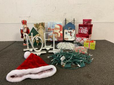 Tree Topper Angel, Noel Stocking Hooks, String Lights (Works), Boxes, Santa Hat, Nutcracker
