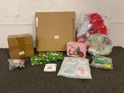 90pc Silver Glitter Branch Decor, Cat Toy Gift Box, (2) Christmas Wreaths, (3) Packs Of Happy Pop Socks, &ldquo;JOY&rdquo; Yard Sign, 4pc Scrub Sponges, 4pck Pop Fidget Toys, 4pc Bell Bracelets, Fairy Ornament