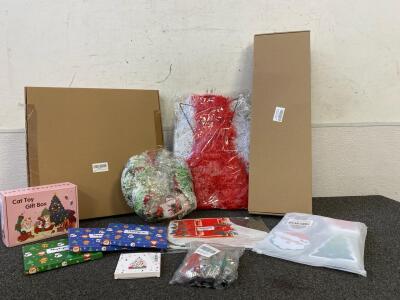 Cat Toy Gift Box, (2) Christmas Wreaths, (3) Packs Of Happypop Socks, &ldquo;JOY&rdquo; Yard Sign, 4pc Scrub Sponges, Stocking, 4pc Bell Bracelets, Fairy Ornament