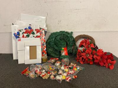 (2) Wreaths, Garland, Faux Ponsetas, Boxes, Christmas Ornaments