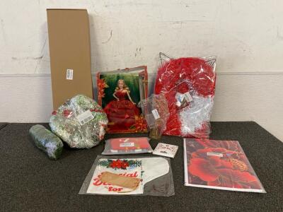 &ldquo;JOY&rdquo; Yard Sign, Empty Xmas Gift Box, Christmas Barbie Signature, Christmas Wreath, Fairy Ornament, Light Up Christmas Angel Tree Topper, Chinese Backdrop, (2) Stockings, And More