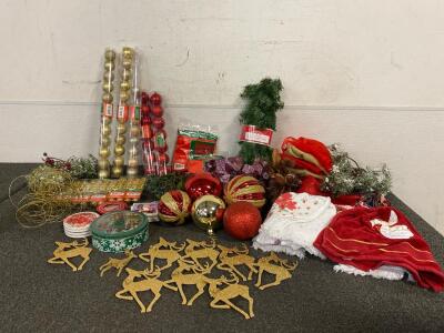 Ornaments, 12ft Branch Garland, Tablecloths, Towels, Branch Greenery, Coasters, (2) Santa Hat Chair Covers, And More