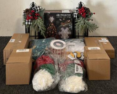 (2) Decorative Christmas Lanterns, LED Projector Christmas Topper, Assortment of Children&rsquo;s Christmas Clothes, & More