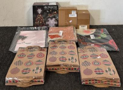 LED Projector Christmas Tree Topper, (3) Groups of Christmas Gift Bags, 144pc Assorted Christmas Pencils, 50ft of Tinsel, & More