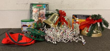 Decorative Bells, Wreath Bag, (3) Strands Of Multicolored Lights (ALL WORK), Light Reel And Bag, Rapid Release Clips, Snowman Soap Dispenser And More