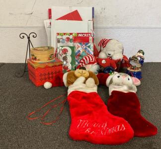 Christmas Boxes And Bags, (2) Decor Stockings, Sock Gnome, Glass Blown Ornament, Music Box And More