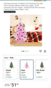 BRAND NEW!!! [ Remote Control & 12 Modes ] 3 Ft Christmas Tree with Timer 50 Warm White & Multi Color Lights, 15 DIY Ornaments 3D Star Topper - Artificial Small Pink Christmas Tree For Home Indoor Tables - Pink