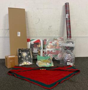 Empty XMAS Gift Box, Wrapping Paper, Christmas Mug, (3) Large Ornaments, Women&rsquo;s Shawl, New Years Party Decor And More