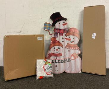 Empty XMAS Gift Box, Garland, Snowman Welcome Yard Sign, Tree Skirt